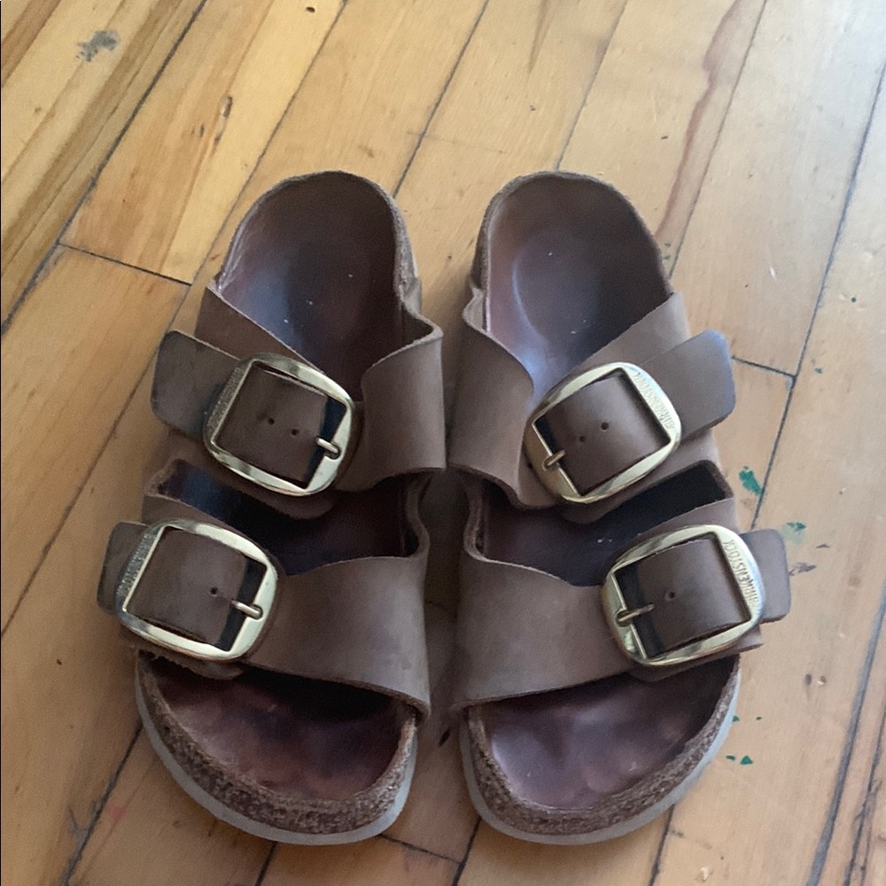 Birkenstock Brown Sandals with Gold Buckles